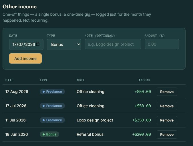Tally other income screen showing freelance income entries with dates and amounts