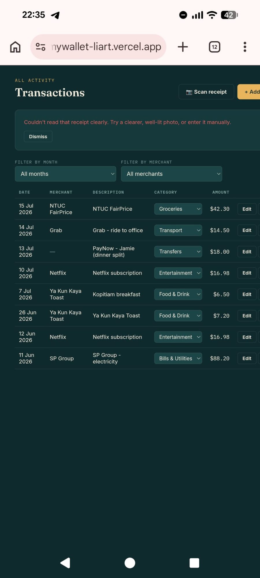 Tally transactions list on a phone, showing categorized expenses like groceries, transport, and entertainment